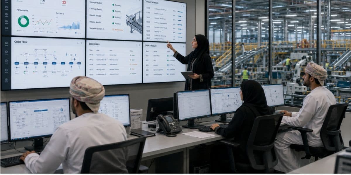 Professionals monitoring factory operations with digital dashboards in an advanced industrial control room.