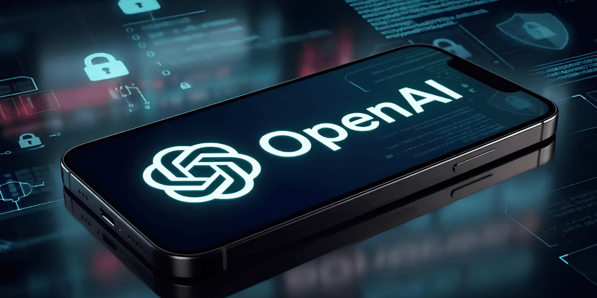 Smartphone displaying OpenAI logo with digital security icons in the background