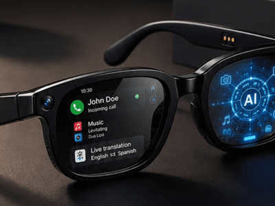 Smart glasses displaying notifications for calls, music, and live translation features