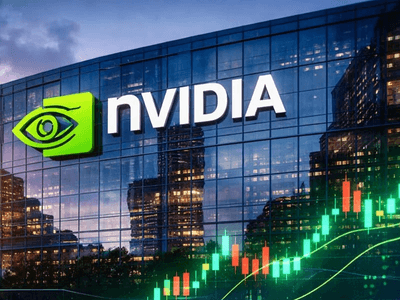 NVIDIA logo on a modern building with stock market graph in the foreground