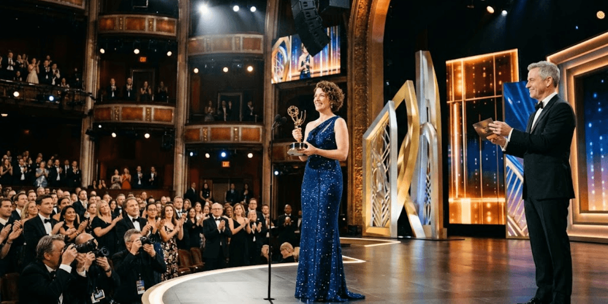 An award recipient in a blue gown stands on stage, holding a trophy amidst applause.