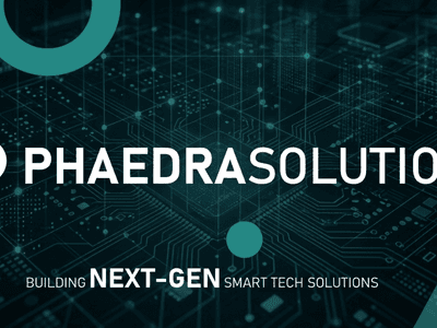 Logo of Phaedra Solutions with a tech-inspired background and slogan about smart tech solutions