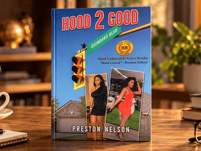 The image shows a book titled "Hood 2 Good" by Preston Nelson on a table.
