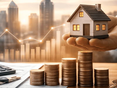 Hand holding a model house above stacks of coins and a calculator with graphs in background