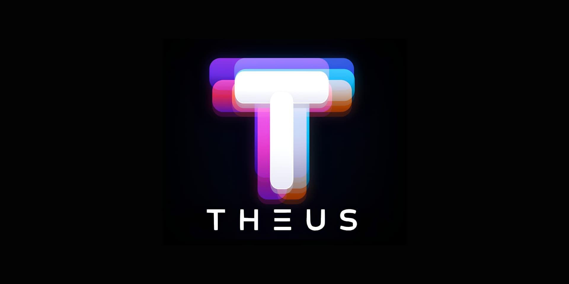 Theus logo on a black background with a multicolored stylized letter T.